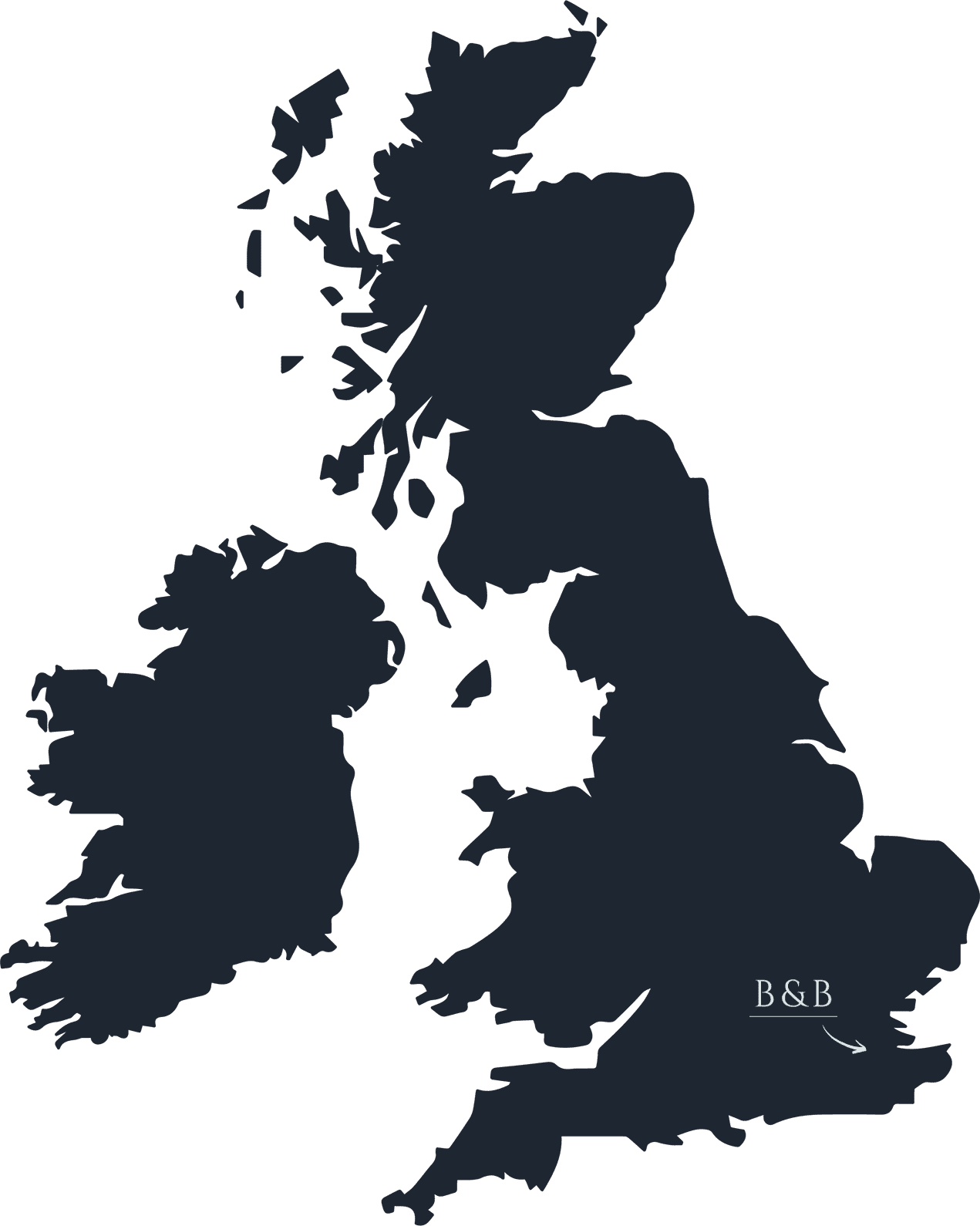 Map diagram with the brogan and bailey logo pointing to their showroom in South-East England.